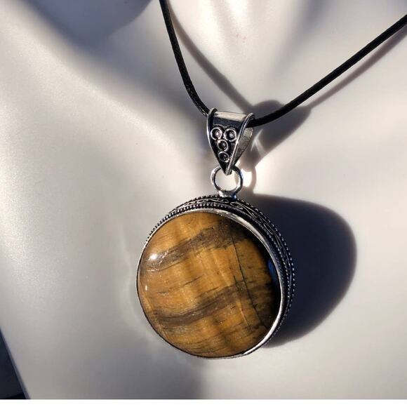925 Sterling  Round Tiger Eye Pendant - Picture 6 of 6